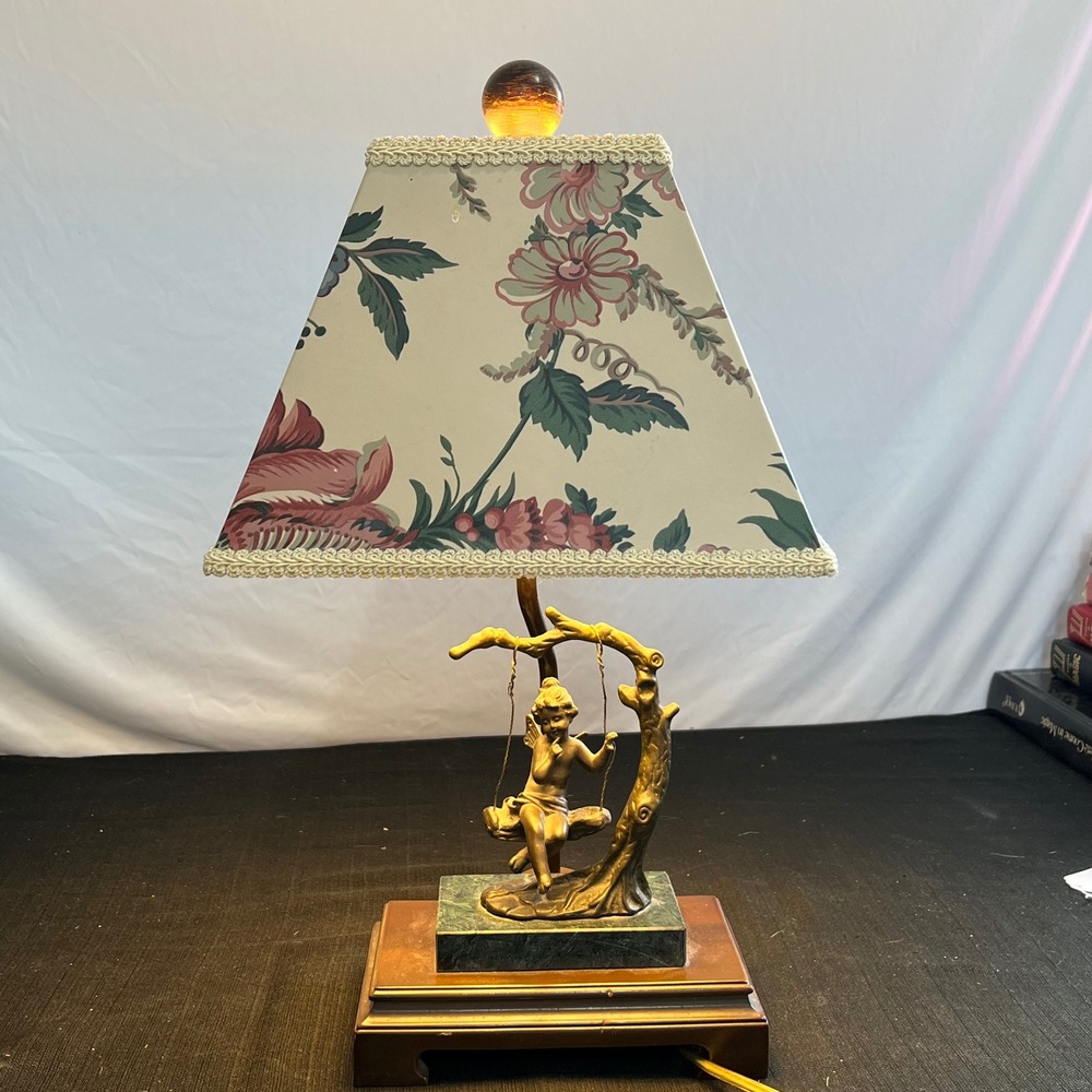 Auguste Moreau Cherub on Swing Table Lamp Bronze Finish Floral Shade‎ 19 inch